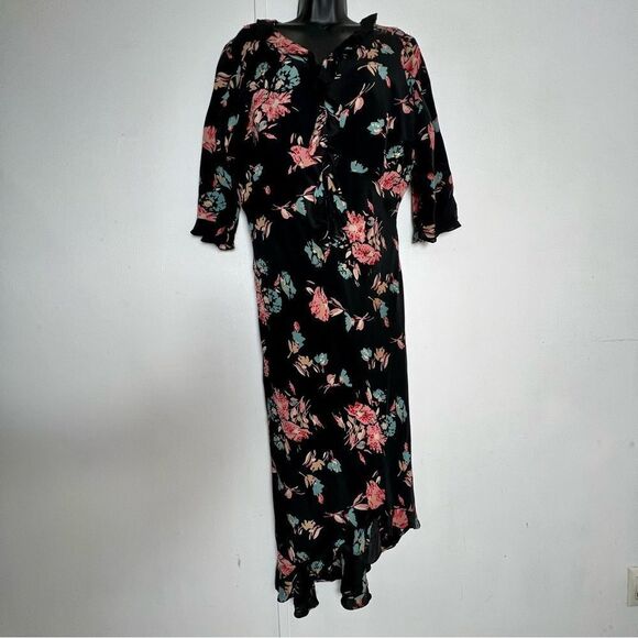 Silk Boho Chiffon Black Floral Peach Ruffle Bias Cut Whimsigoth Maxi Dress 14 XL - Picture 1 of 16